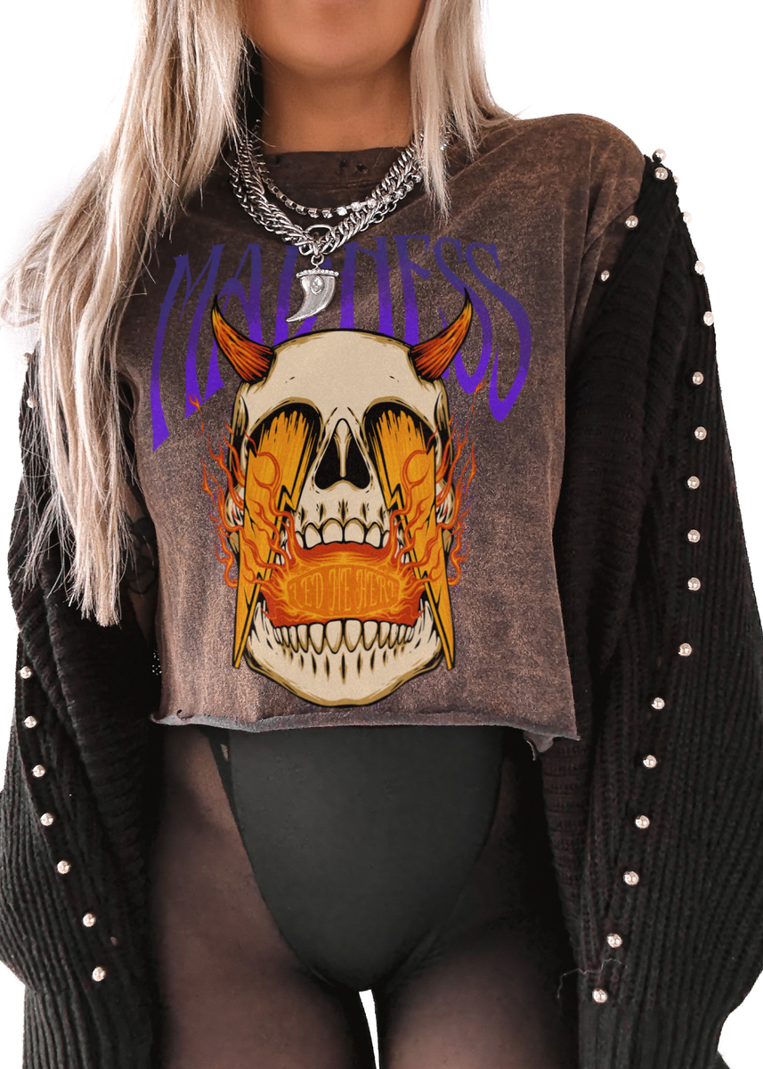 CROPPED MADNESS LED ME HERE DESTRUCTED GRAPHIC TEE – Pebby Forevee