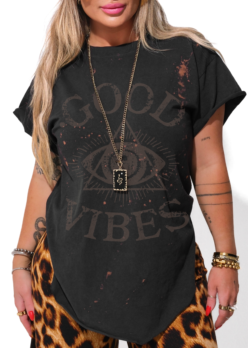 GOOD VIBES BLACKED & BLEACHED OUT SIDE SLIT TEE – Pebby Forevee