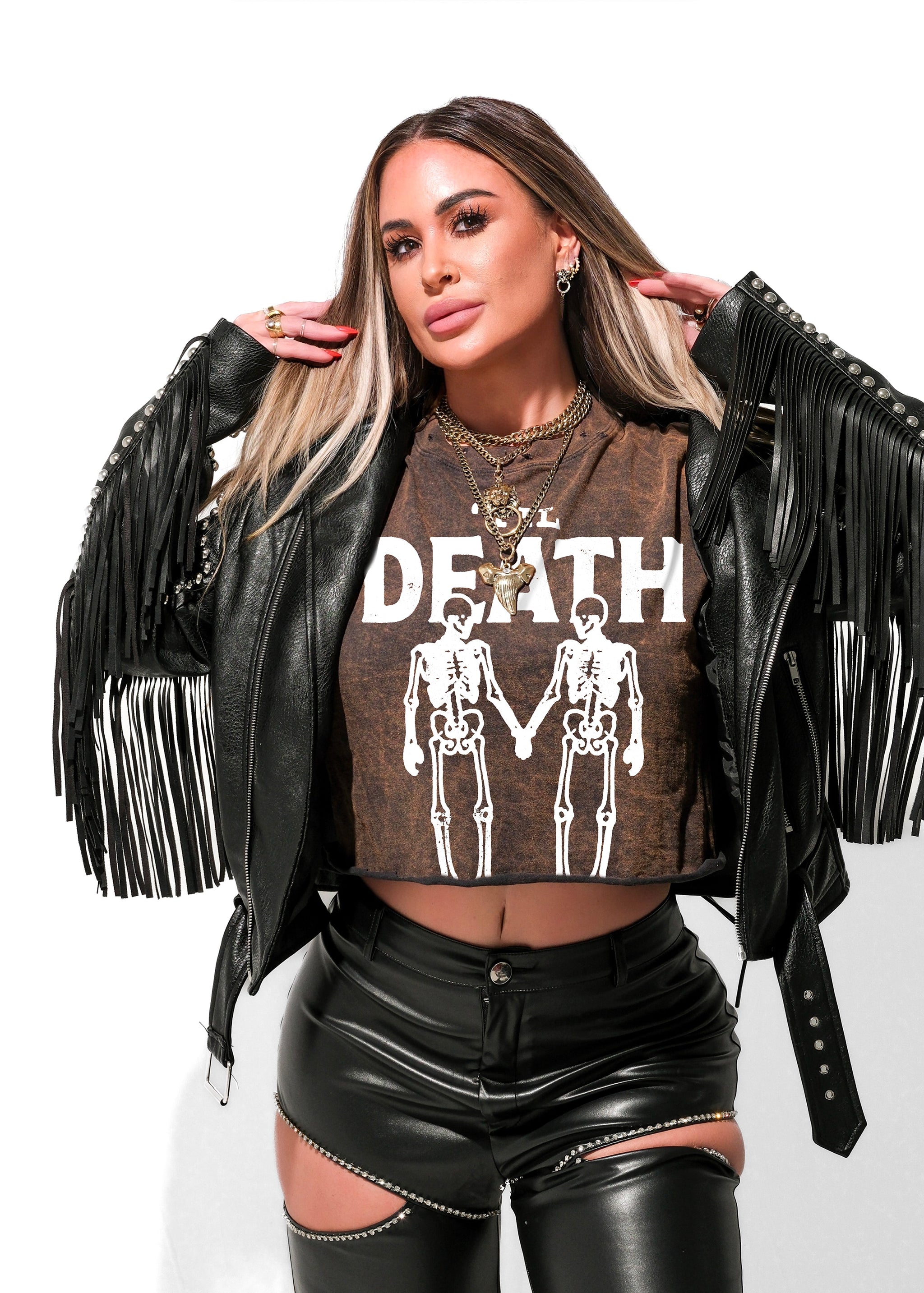 トップス BIO wear LAYERED OVERPRINTED TEE CROPPED 'TIL DEATH DESTRUCTED GRAPHIC TEE – Pebby Forevee