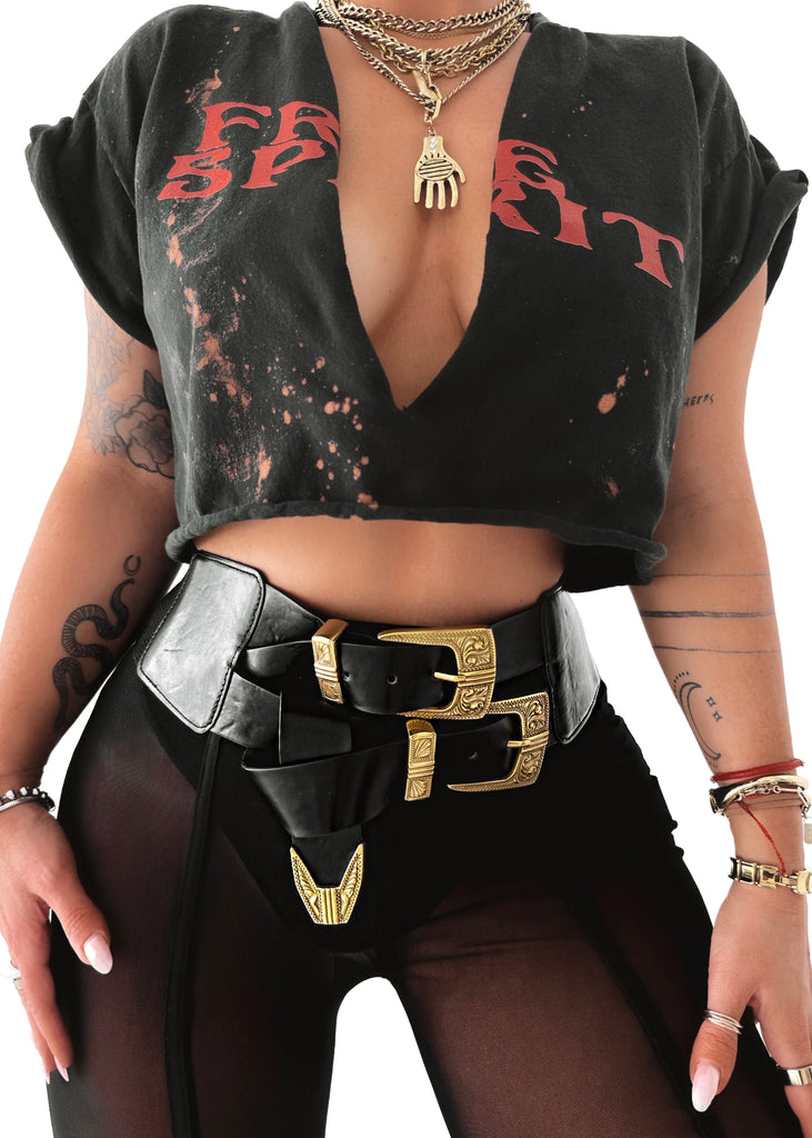 pebby forevee Belt Black/Gold DOUBLE BUCKLE BAND BELT