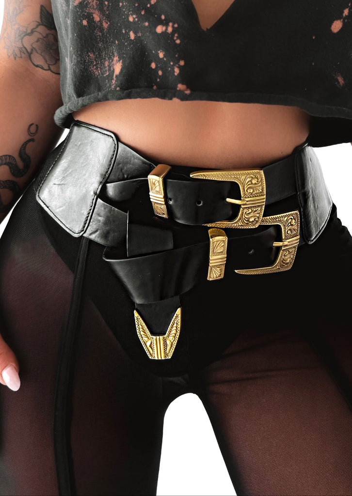 pebby forevee Belt Black/Gold DOUBLE BUCKLE BAND BELT