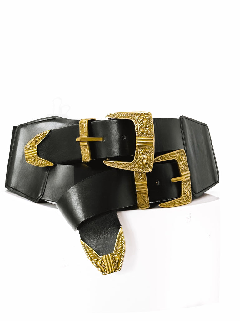 pebby forevee Belt Black/Gold DOUBLE BUCKLE BAND BELT