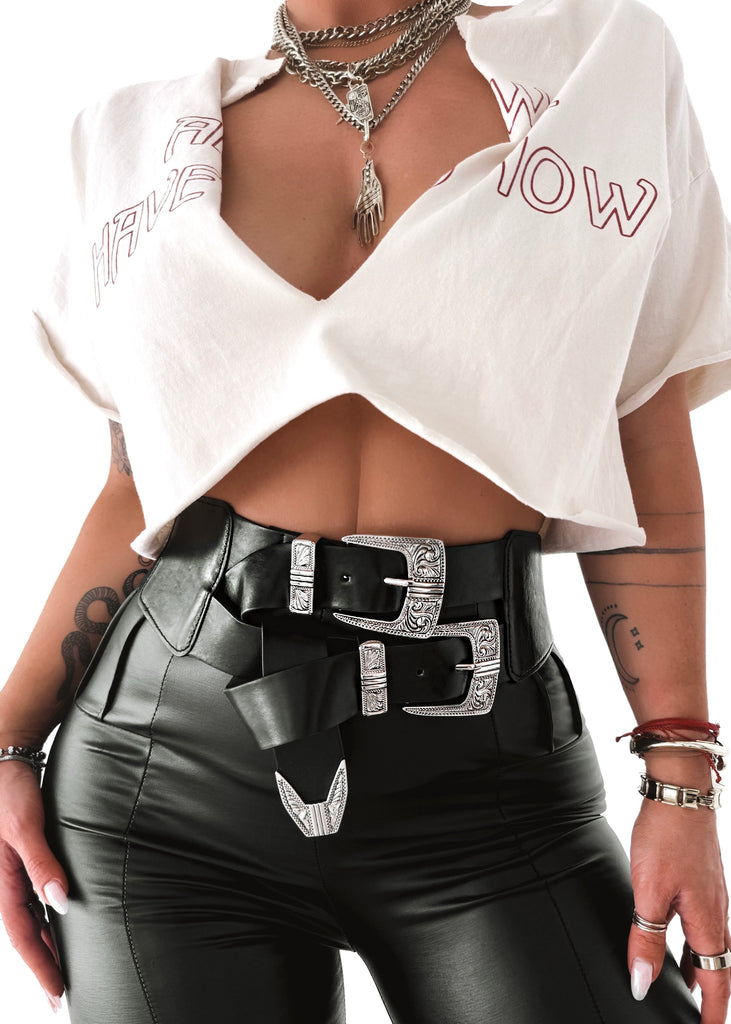 pebby forevee Belt Black/Silver DOUBLE BUCKLE BAND BELT