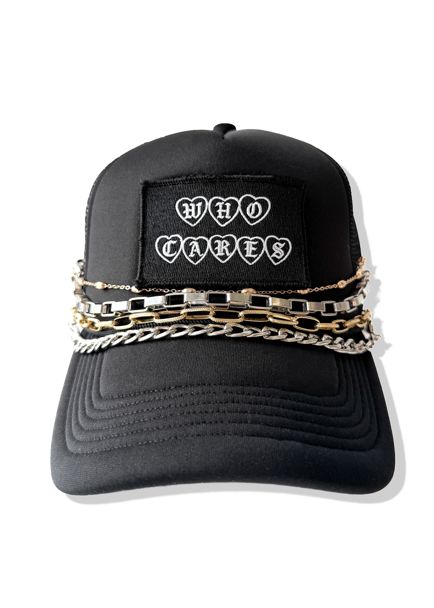 WHO CARES GRAPHIC TRUCKER HAT – Pebby Forevee