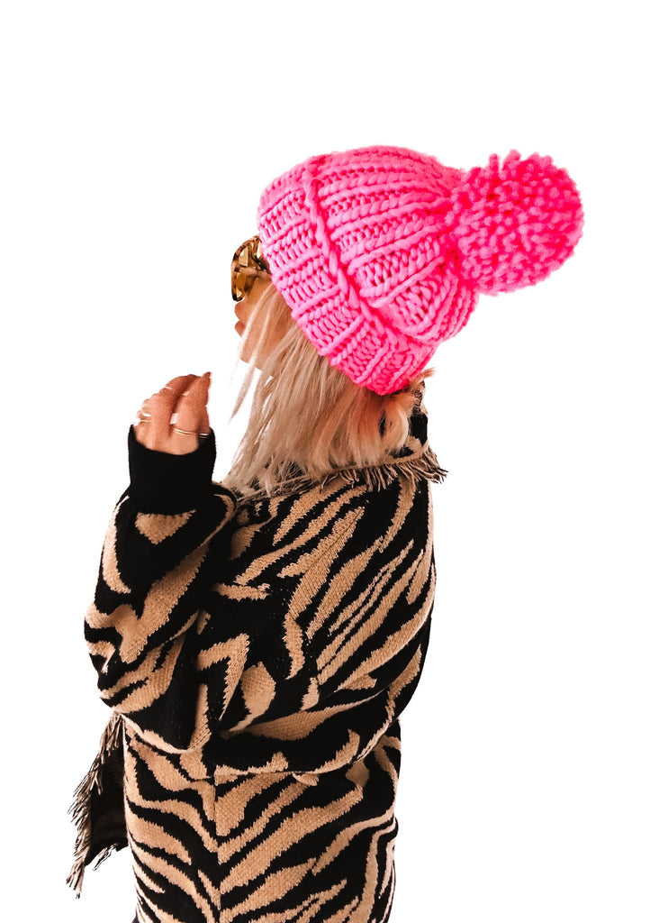 pebby forevee Hat Bright Pink APRES SKI CHUNKY POM BEANIE