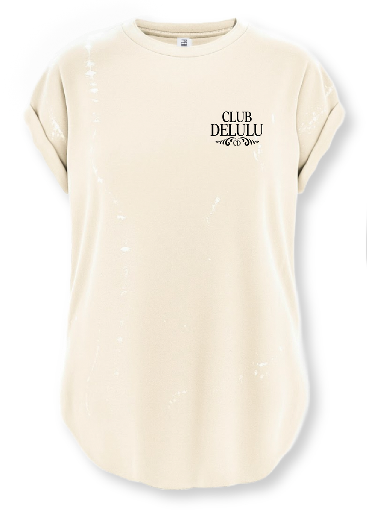 pebby forevee Side Slit Tee CLUB DELULU (BLACK) BLEACHED OUT SIDE SLIT TEE