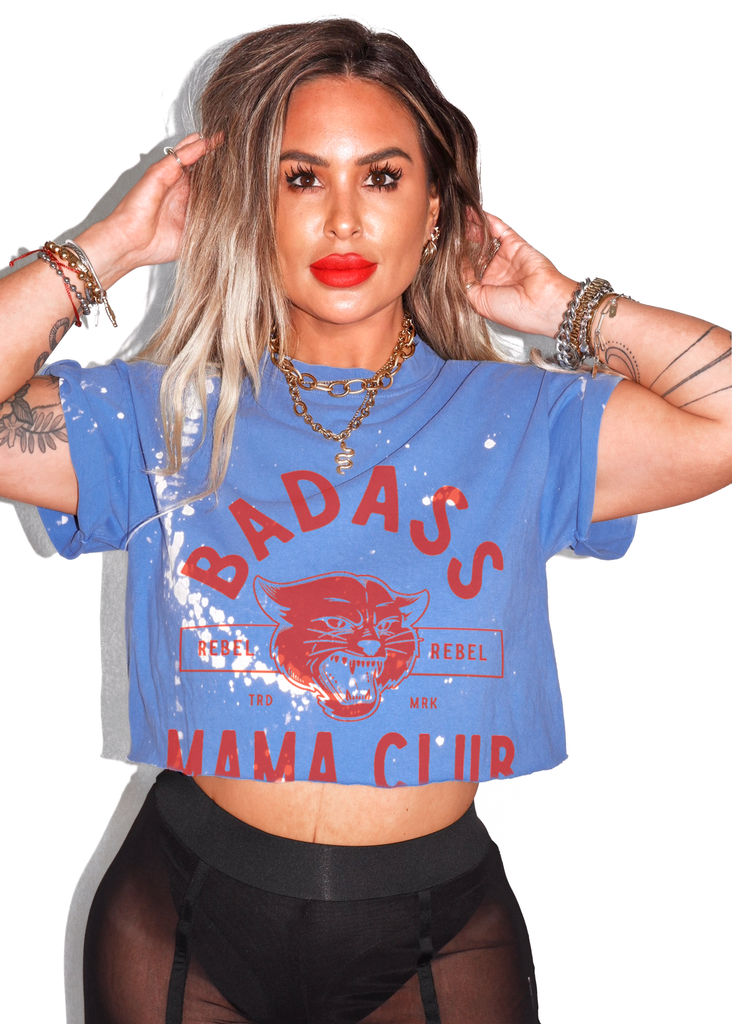 pebby forevee Side Slit Tee CROPPED BADASS MAMA CLUB BLEACHED OUT GRAPHIC TEE