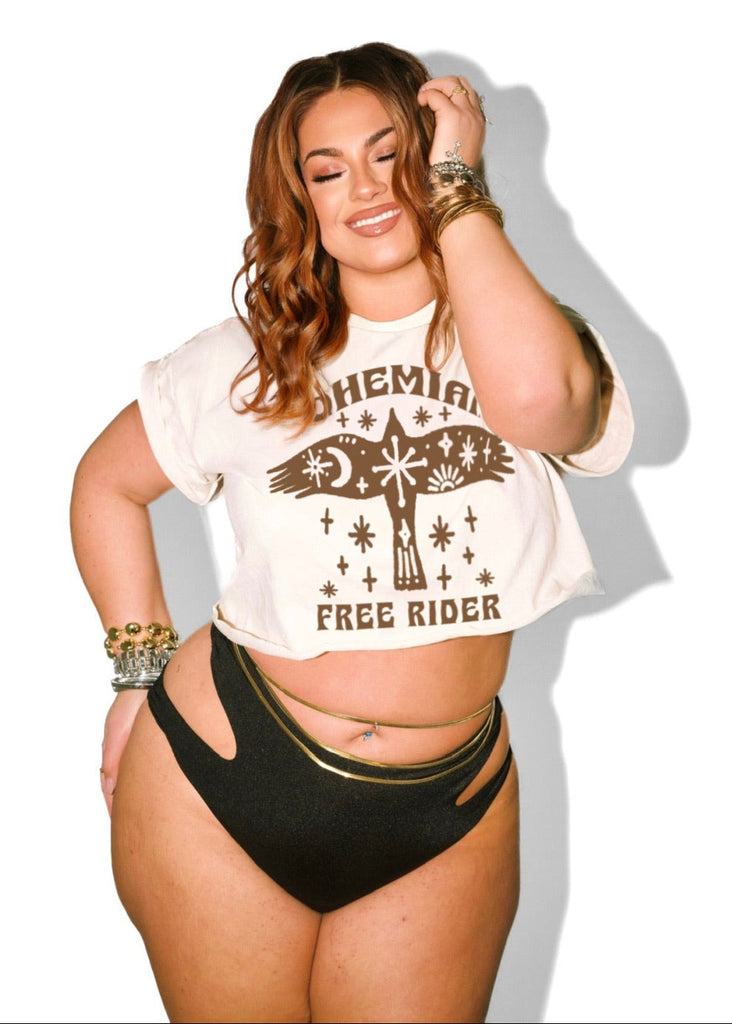 pebby forevee Side Slit Tee CROPPED BOHEMIAN RIDER GRAPHIC TEE