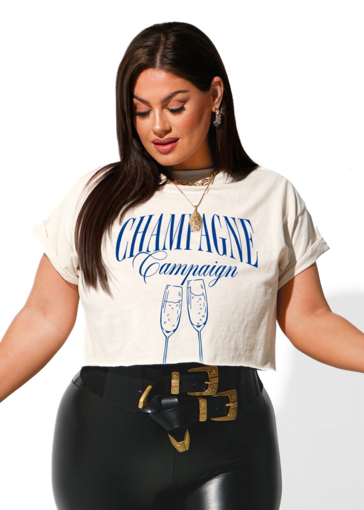 pebby forevee Side Slit Tee CROPPED CHAMPAGNE CAMPAIGN GRAPHIC TEE