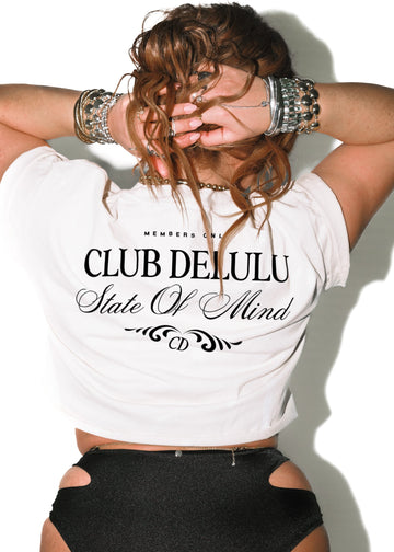 pebby forevee Side Slit Tee CROPPED CLUB DELULU (BLACK) BLEACHED OUT GRAPHIC TEE