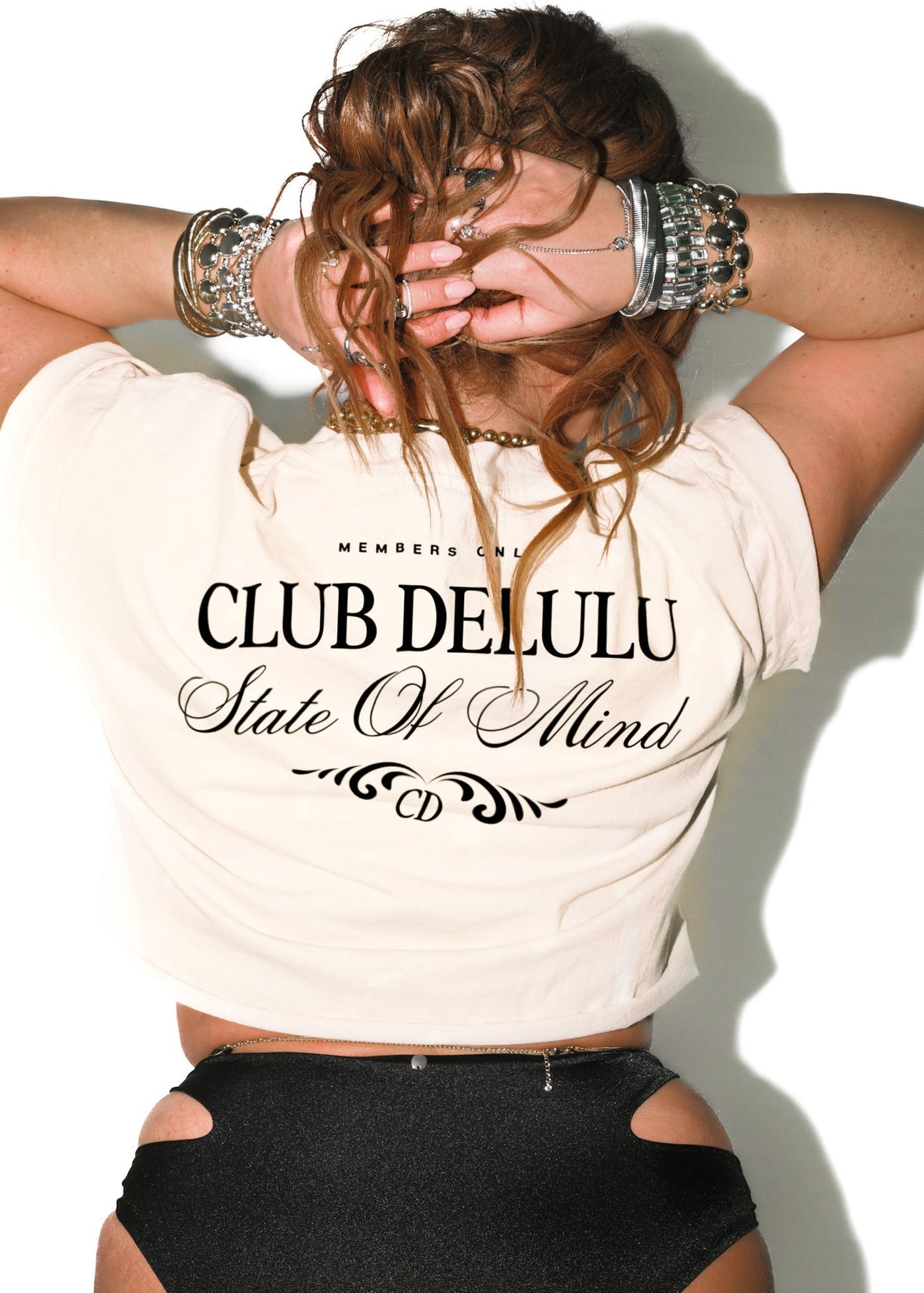 pebby forevee Side Slit Tee CROPPED CLUB DELULU (BLACK) BLEACHED OUT GRAPHIC TEE