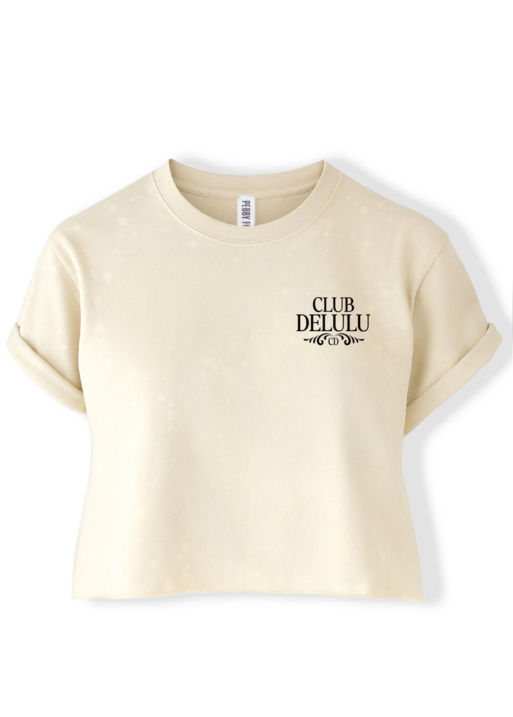 pebby forevee Side Slit Tee CROPPED CLUB DELULU (BLACK) BLEACHED OUT GRAPHIC TEE