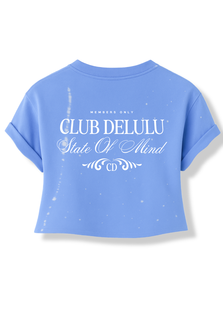 pebby forevee Side Slit Tee CROPPED CLUB DELULU (WHITE) BLEACHED OUT GRAPHIC TEE