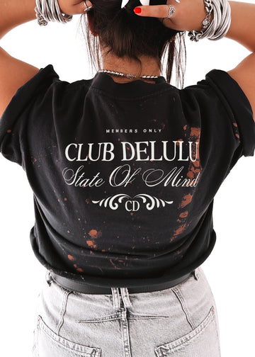 pebby forevee Side Slit Tee CROPPED CLUB DELULU (WHITE) BLEACHED OUT GRAPHIC TEE
