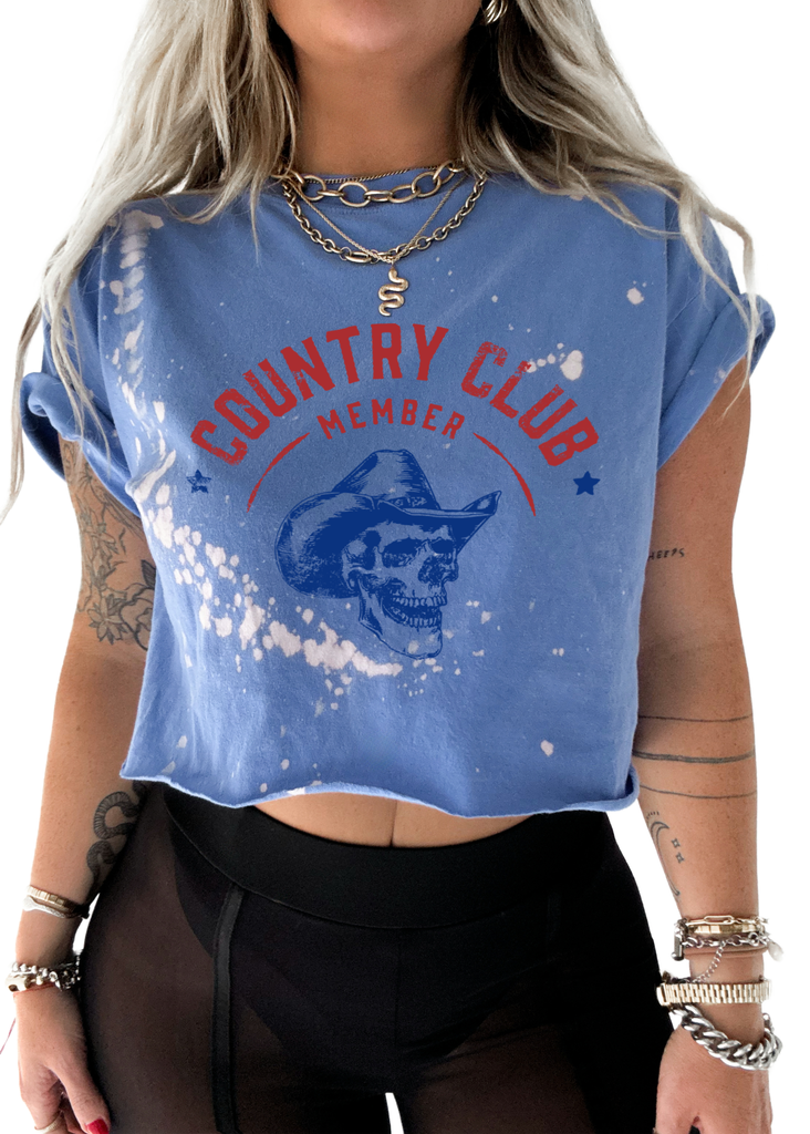 pebby forevee Side Slit Tee CROPPED COUNTRY CLUB BLEACHED OUT GRAPHIC TEE