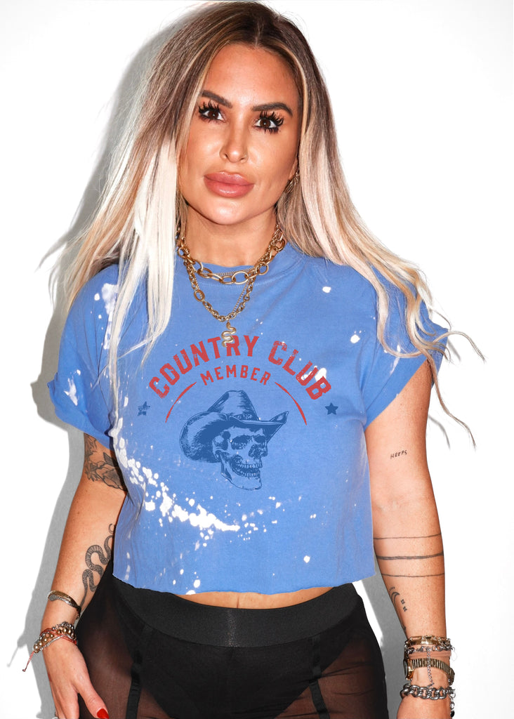 pebby forevee Side Slit Tee CROPPED COUNTRY CLUB BLEACHED OUT GRAPHIC TEE
