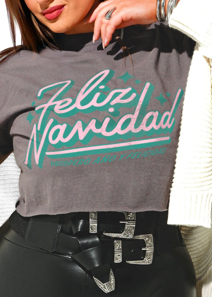 pebby forevee Side Slit Tee CROPPED FELIZ NAVIDAD GRAPHIC TEE
