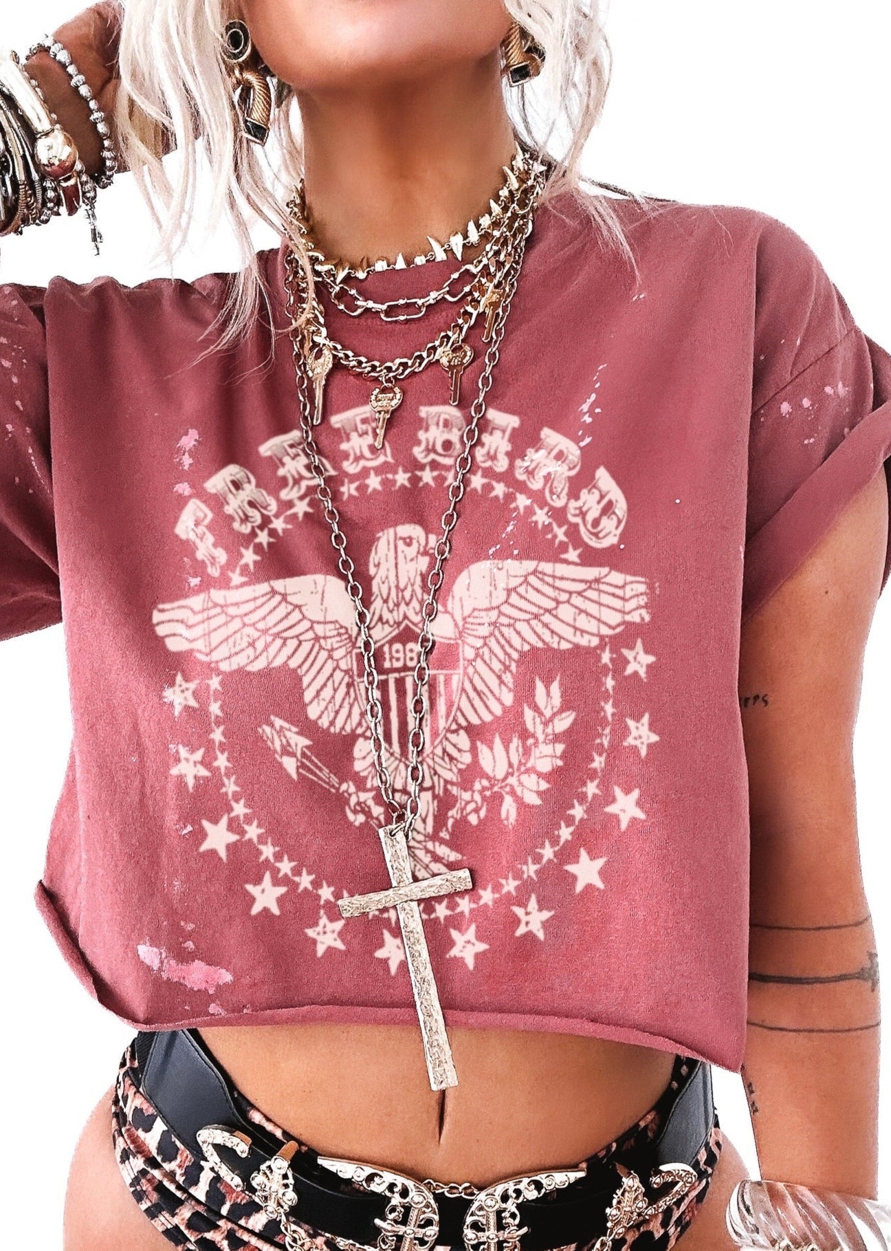 pebby forevee Side Slit Tee CROPPED FREE BIRD BLEACHED OUT GRAPHIC TEE