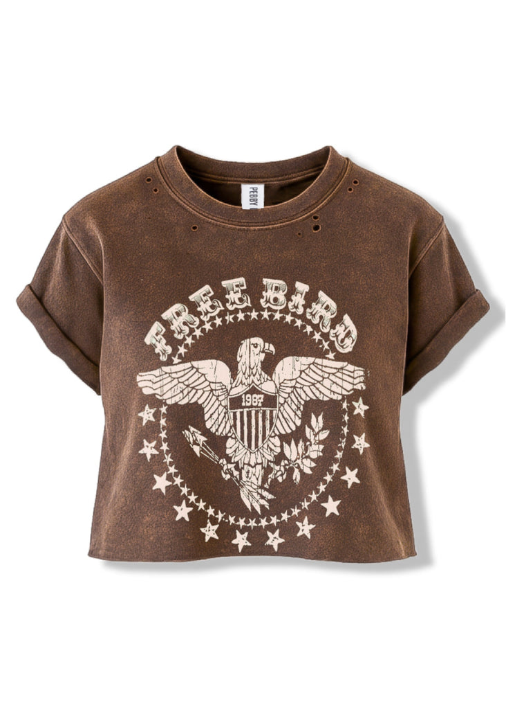 pebby forevee Side Slit Tee CROPPED FREE BIRD DESTRUCTED GRAPHIC TEE