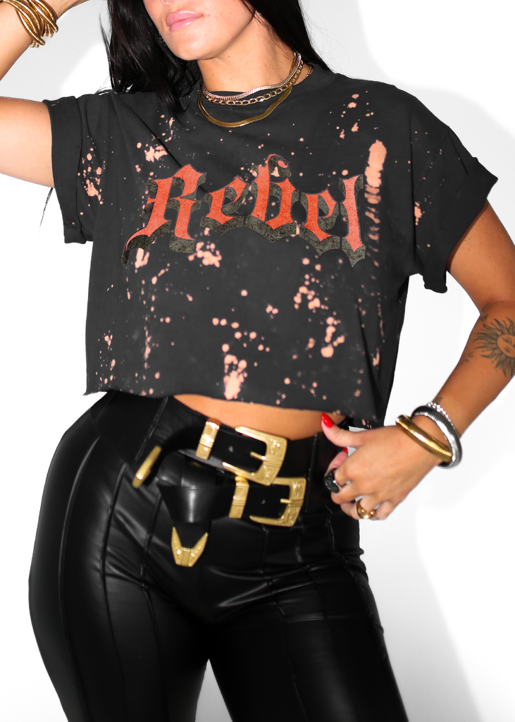pebby forevee Side Slit Tee CROPPED GOTHIC REBEL BLEACHED OUT GRAPHIC TEE