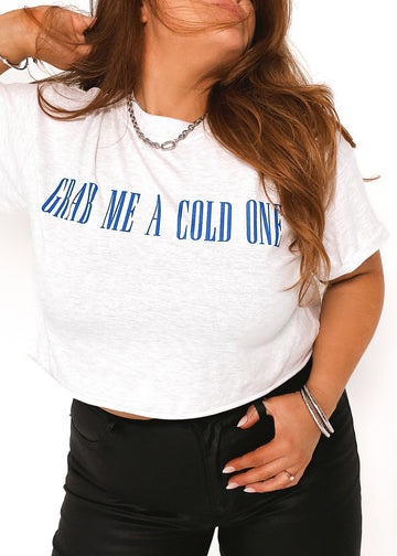 pebby forevee Side Slit Tee CROPPED GRAB ME A COLD ONE GRAPHIC TEE