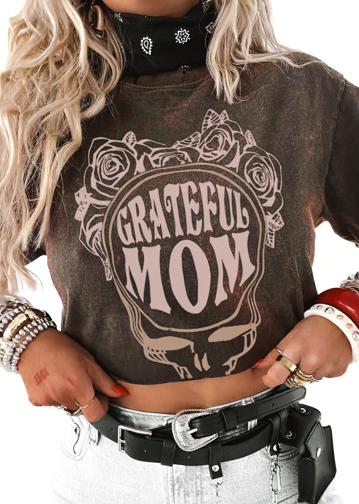 pebby forevee Side Slit Tee CROPPED GRATEFUL MOM DESTRUCTED GRAPHIC TEE