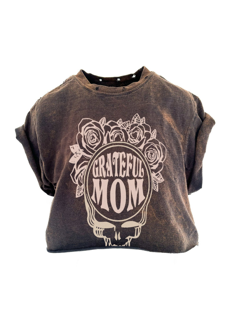 pebby forevee Side Slit Tee CROPPED GRATEFUL MOM DESTRUCTED GRAPHIC TEE