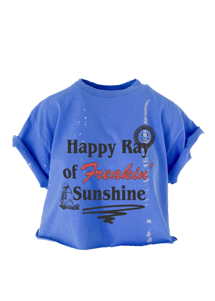 pebby forevee Side Slit Tee CROPPED HAPPY RAY OF FREAKIN SUNSHINE BLEACHED OUT GRAPHIC TEE
