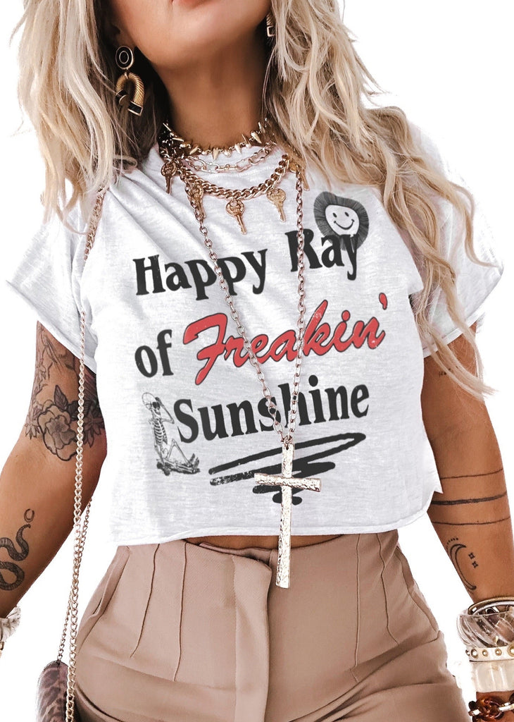 pebby forevee Side Slit Tee CROPPED HAPPY RAY OF FREAKIN SUNSHINE GRAPHIC TEE