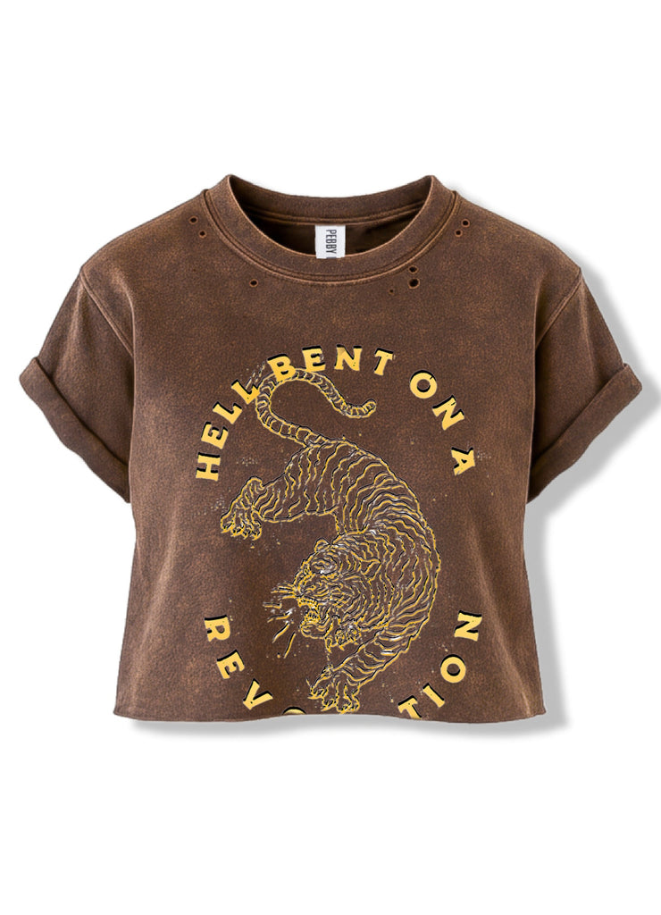 pebby forevee Side Slit Tee CROPPED HELL BENT ON A REVOLUTION DESTRUCTED GRAPHIC TEE