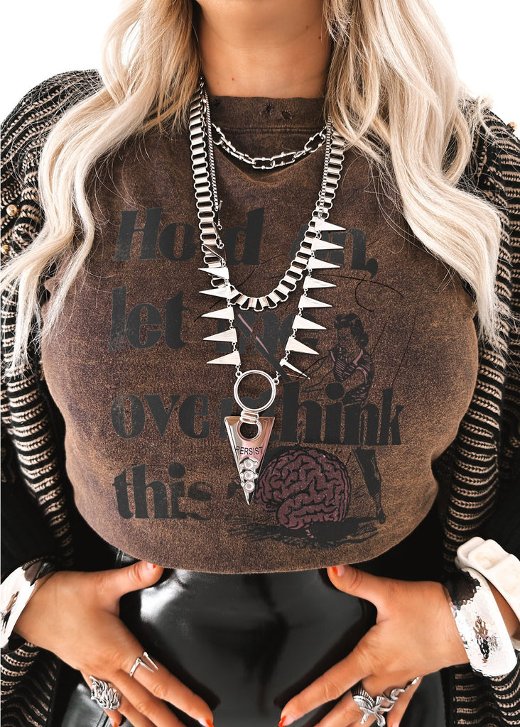 pebby forevee Side Slit Tee CROPPED HOLD ON LET ME OVERTHINK THIS DESTRUCTED GRAPHIC TEE