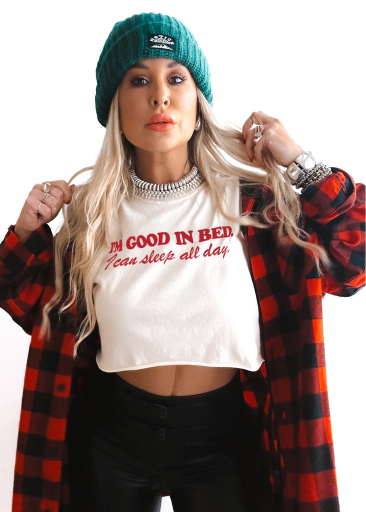 pebby forevee Side Slit Tee CROPPED I'M GOOD IN BED GRAPHIC TEE