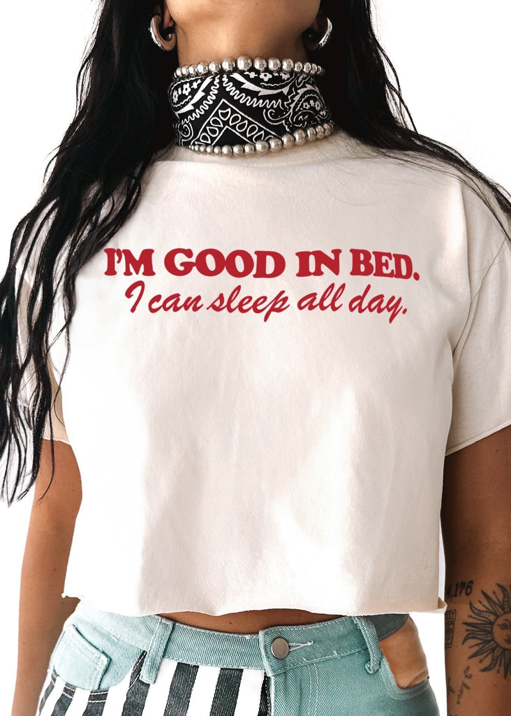 pebby forevee Side Slit Tee CROPPED I'M GOOD IN BED GRAPHIC TEE