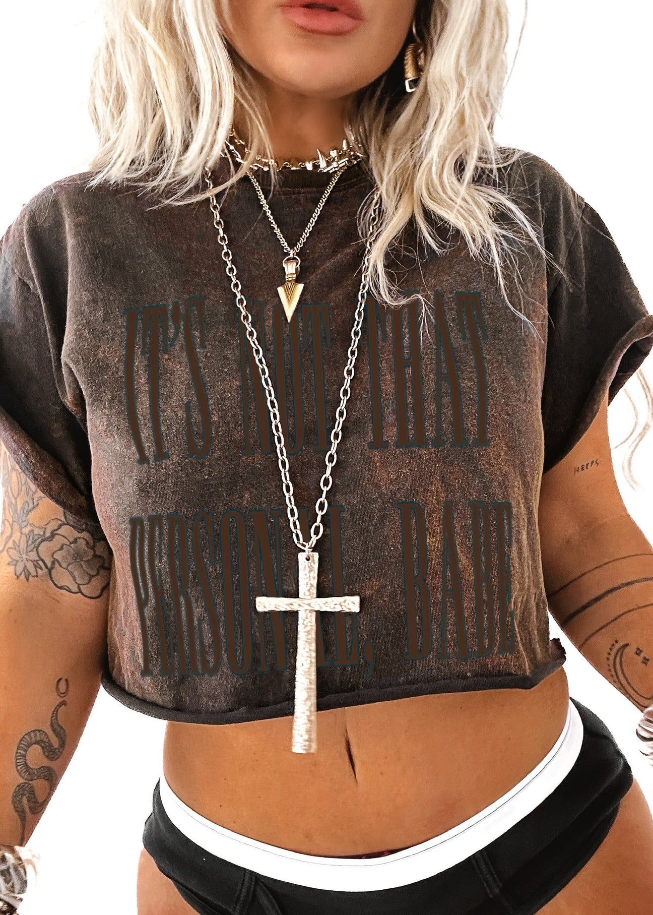 pebby forevee Side Slit Tee CROPPED IT'S NOT THAT PERSONAL BABE DESTRUCTED GRAPHIC TEE