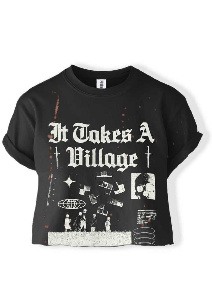 pebby forevee Side Slit Tee CROPPED IT TAKES A VILLAGE BLEACHED OUT GRAPHIC TEE