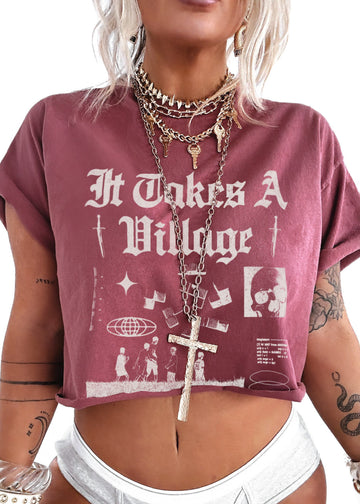 pebby forevee Side Slit Tee CROPPED IT TAKES A VILLAGE GRAPHIC TEE