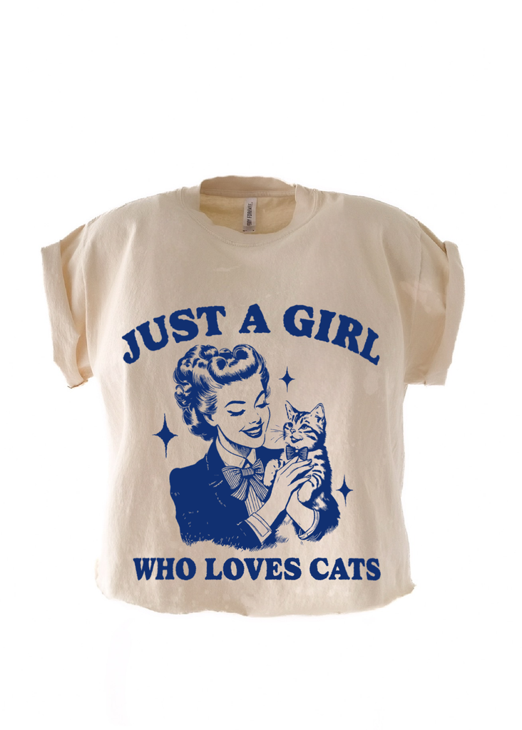 pebby forevee Side Slit Tee CROPPED JUST A GIRL WHO LOVES CATS BLEACHED OUT GRAPHIC TEE