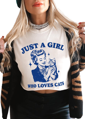 pebby forevee Side Slit Tee CROPPED JUST A GIRL WHO LOVES CATS BLEACHED OUT GRAPHIC TEE