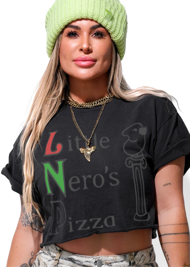 pebby forevee Side Slit Tee CROPPED LITTLE NERO'S PIZZA GRAPHIC TEE