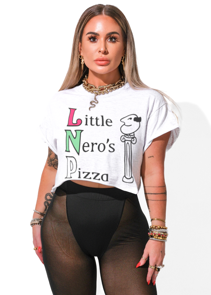 pebby forevee Side Slit Tee CROPPED LITTLE NERO'S PIZZA GRAPHIC TEE