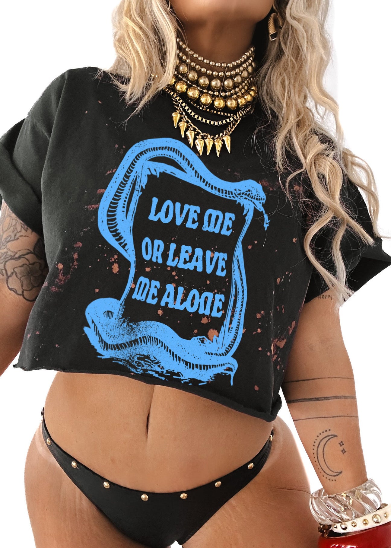pebby forevee Side Slit Tee CROPPED LOVE ME OR LEAVE ME ALONE BLEACHED OUT GRAPHIC TEE