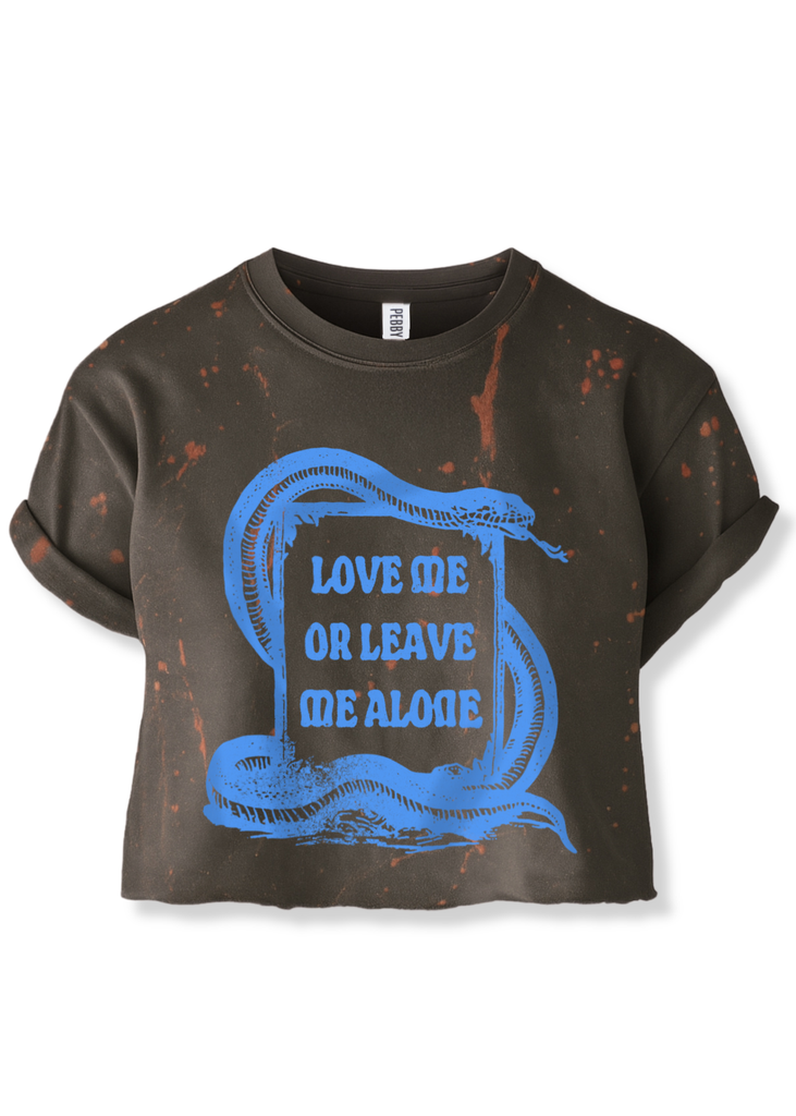 pebby forevee Side Slit Tee CROPPED LOVE ME OR LEAVE ME ALONE BLEACHED OUT GRAPHIC TEE