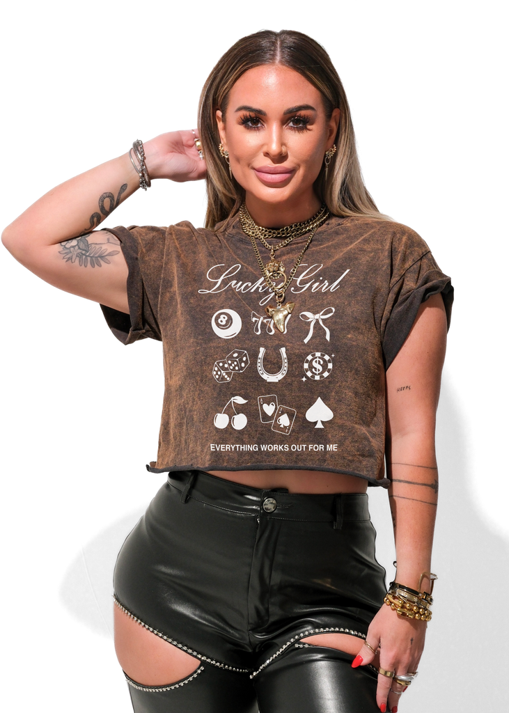 pebby forevee Side Slit Tee CROPPED LUCKY GIRL DESTRUCTED GRAPHIC TEE