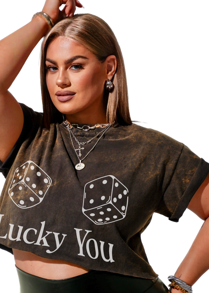 pebby forevee Side Slit Tee CROPPED LUCKY YOU DESTRUCTED GRAPHIC TEE
