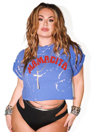 pebby forevee Side Slit Tee CROPPED MAMACITA BLEACHED OUT GRAPHIC TEE