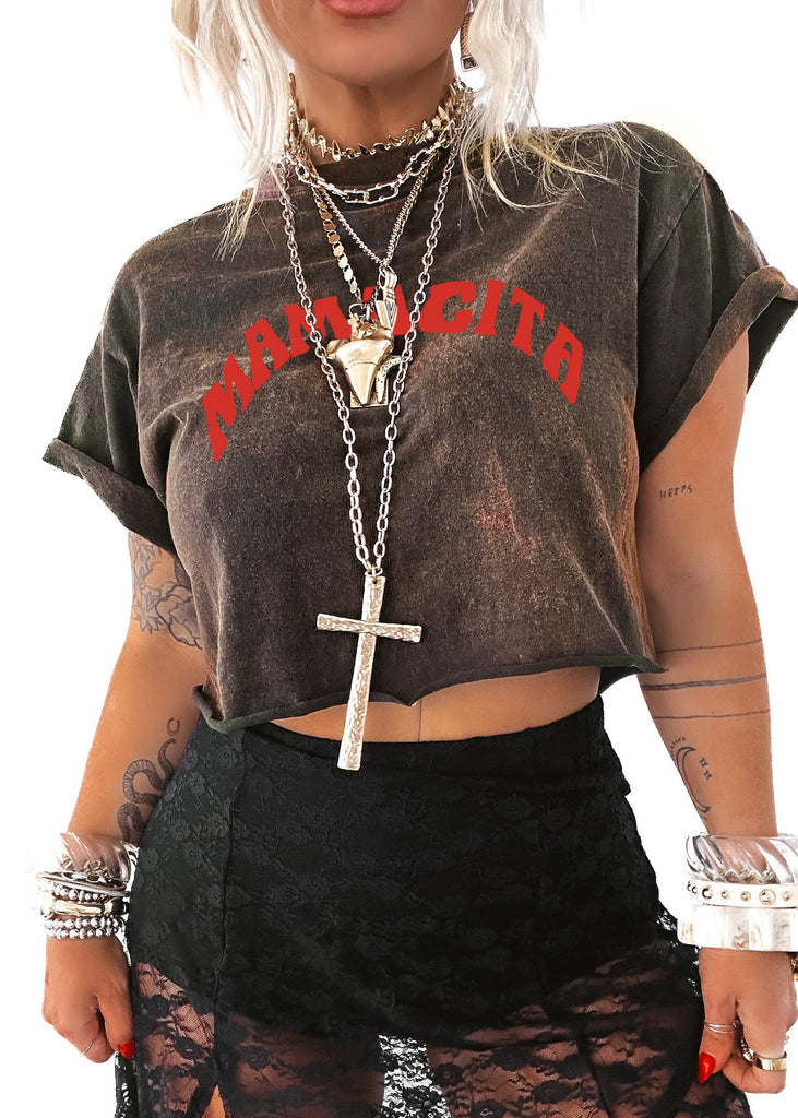 pebby forevee Side Slit Tee CROPPED MAMACITA DESTRUCTED GRAPHIC TEE