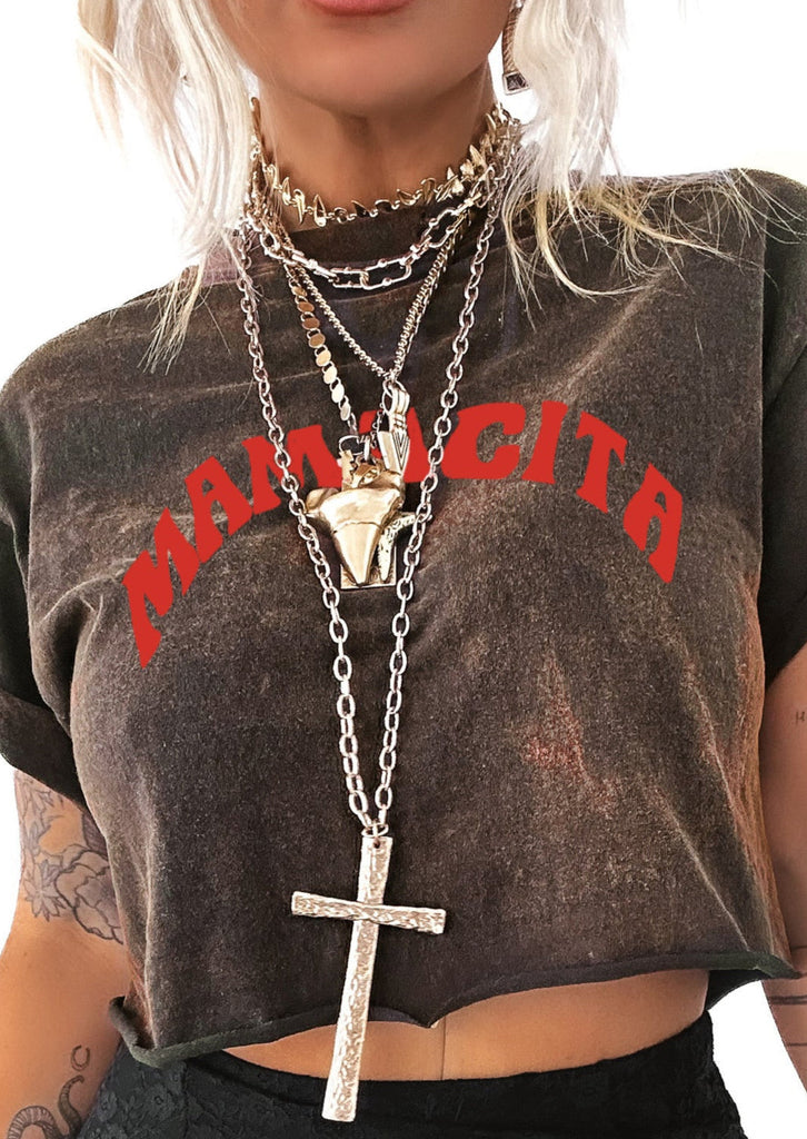 pebby forevee Side Slit Tee CROPPED MAMACITA DESTRUCTED GRAPHIC TEE