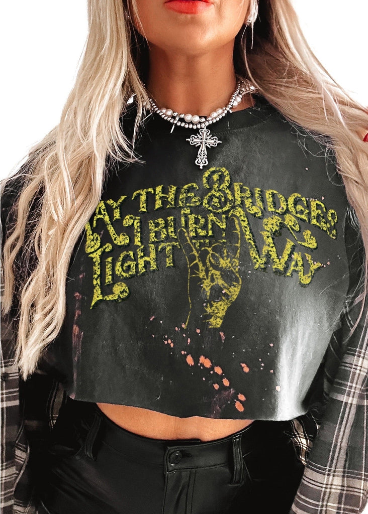 pebby forevee Side Slit Tee CROPPED MAY THE BRIDGES I BURN LIGHT THE WAY BLEACHED OUT GRAPHIC TEE