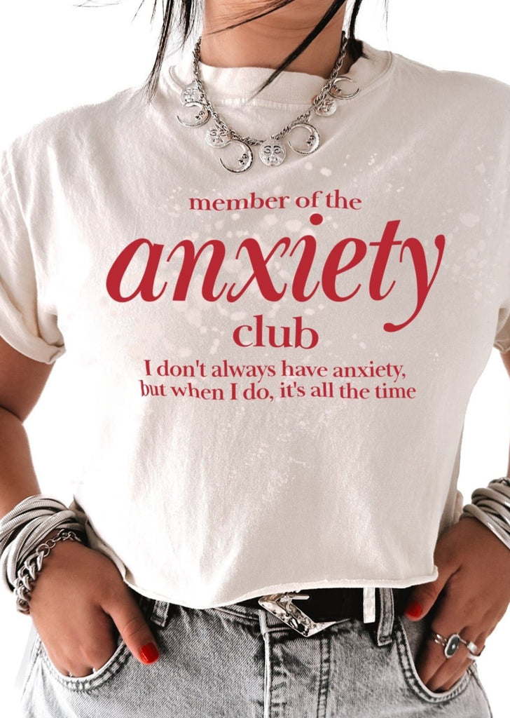 pebby forevee Side Slit Tee CROPPED MEMBER OF THE ANXIETY CLUB BLEACHED OUT GRAPHIC TEE