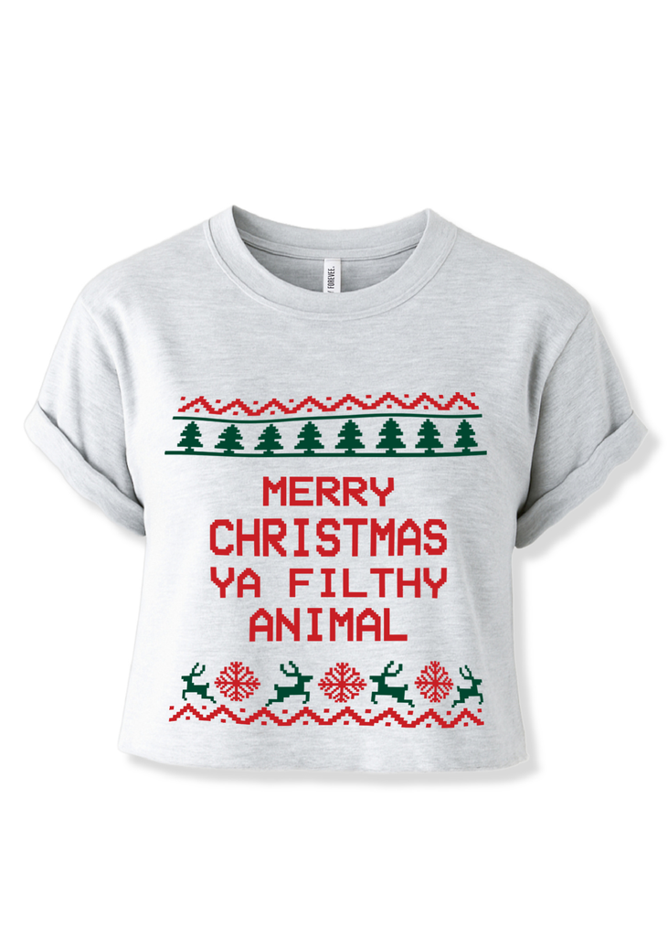 pebby forevee Side Slit Tee CROPPED MERRY CHRISTMAS YA FILTHY ANIMAL GRAPHIC TEE